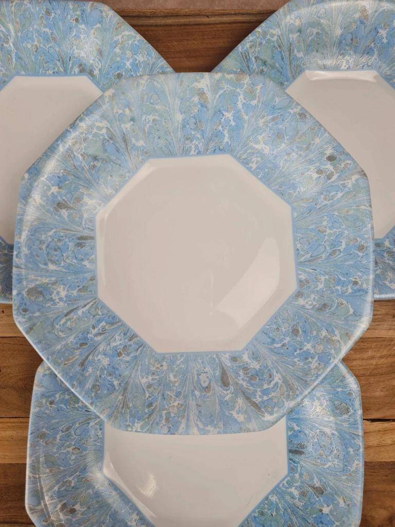 Set of 4 vintage blue marbled Arcopal deep plates.