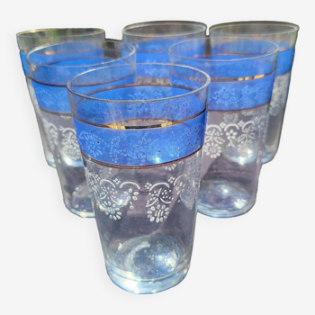 6 blue frieze enameled glasses