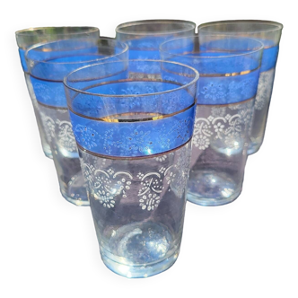 6 blue frieze enameled glasses