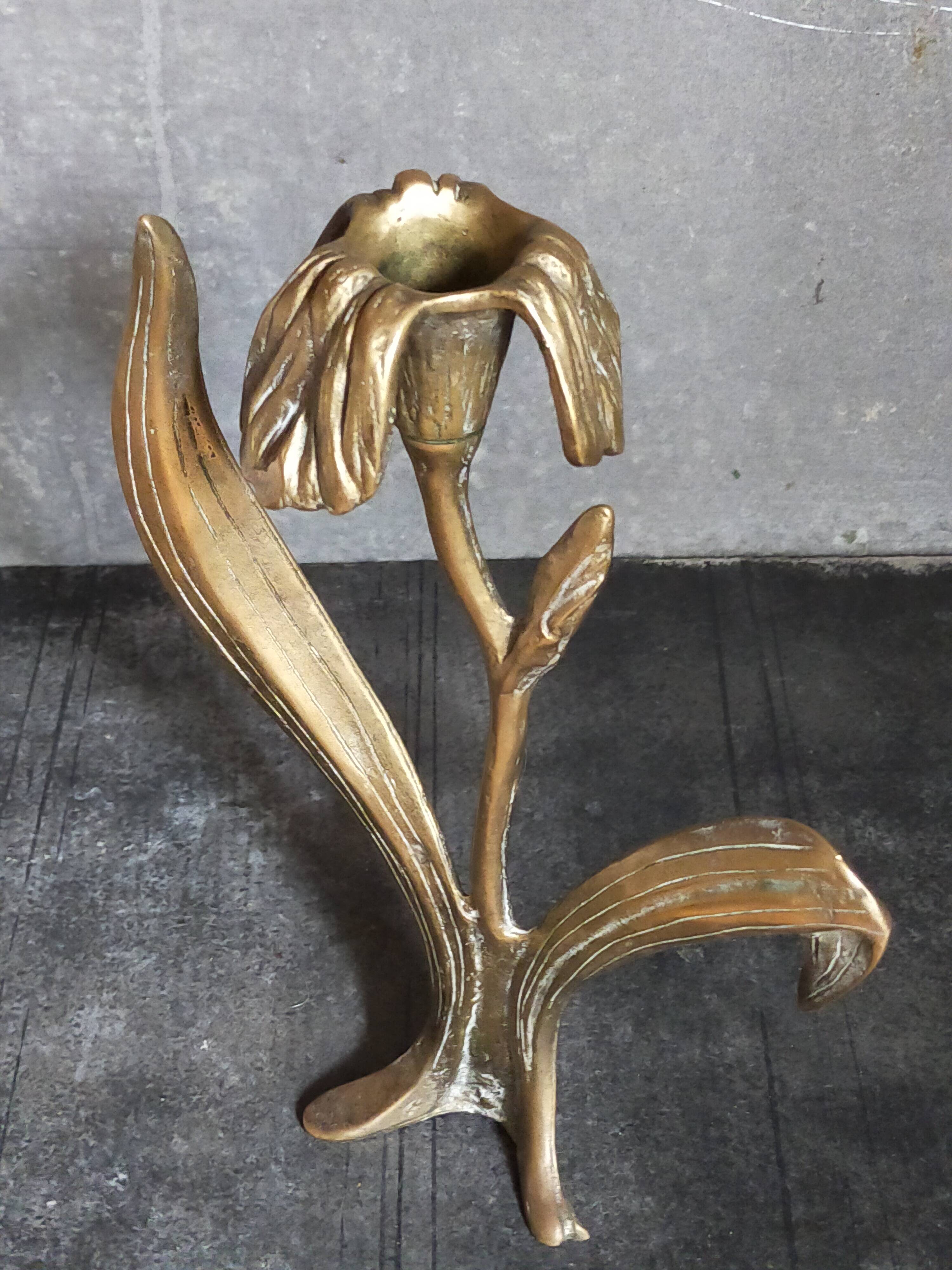 Old iris flower candle holder in solid brass