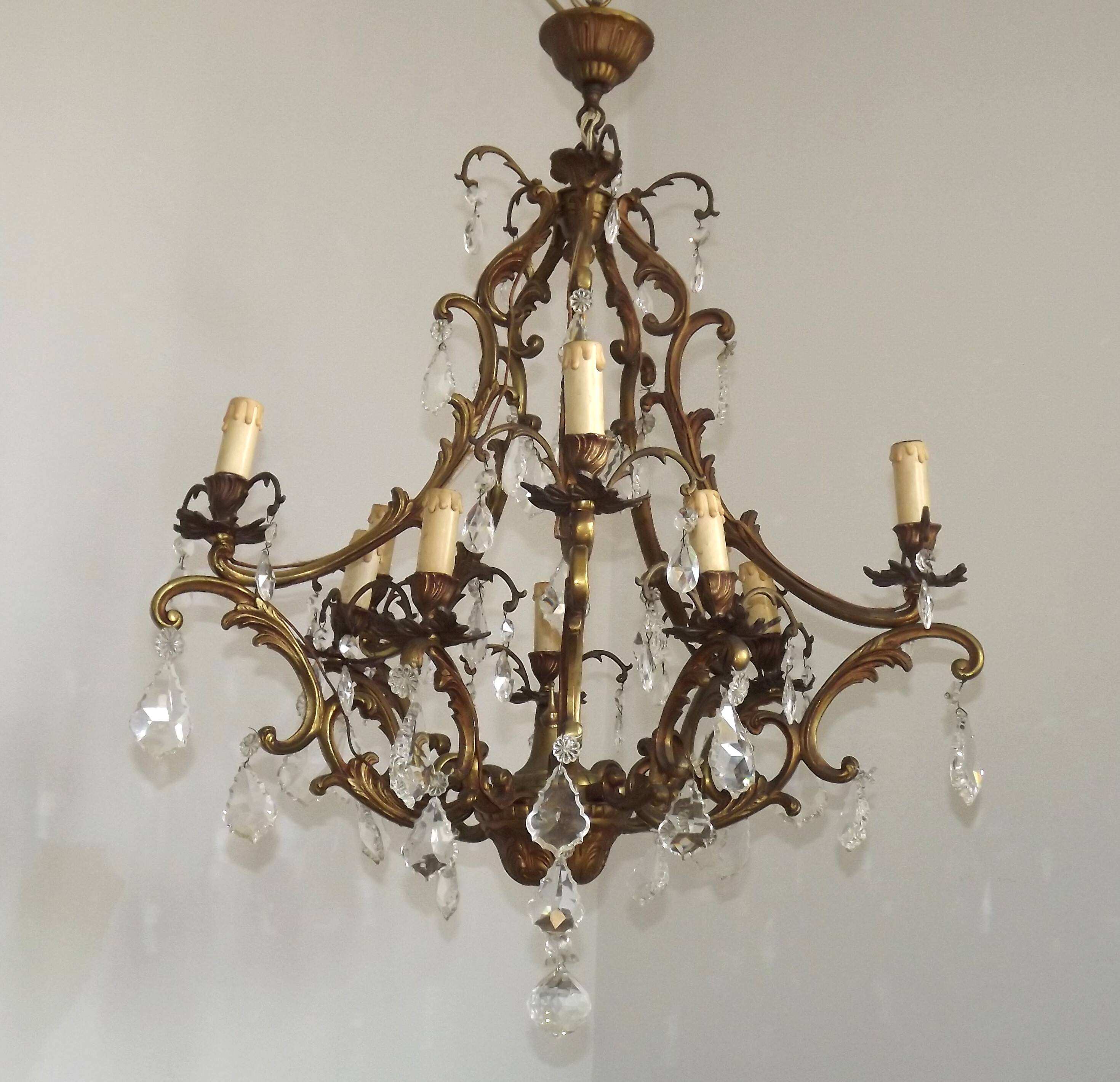 10 Light 5 Sided Bronze and Crystal Cage Chandelier