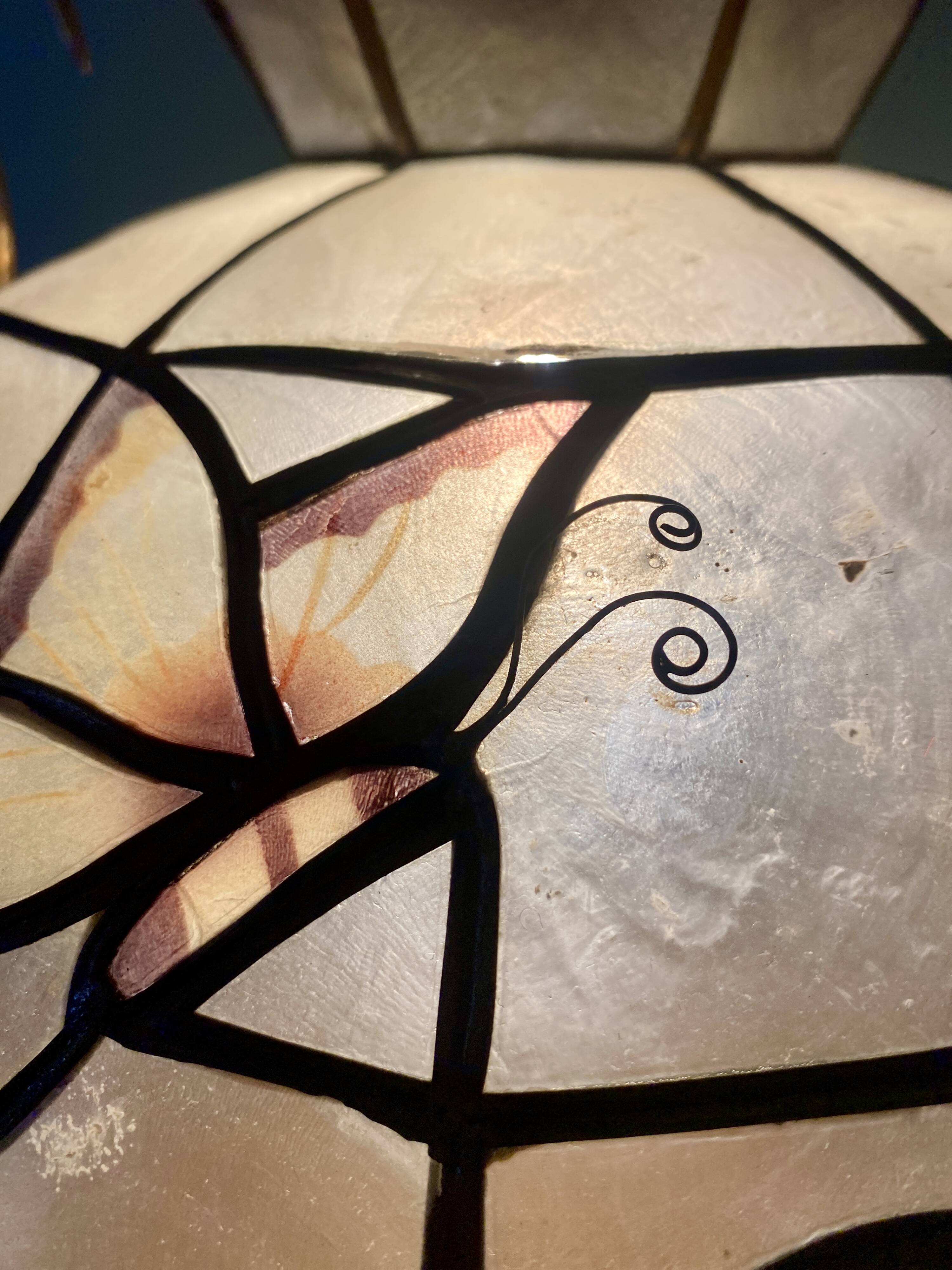 Vintage mother-of-pearl and brass lampshade pendant with flower and butterfly decorations