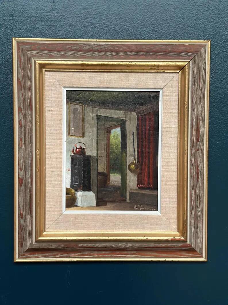 Original Swedish Oil on Canvas – 'Kitchen II' by Osvald Rasmussen – Signed – Vintage and Framed – 41 × 37 cm (16.1" × 14.6")