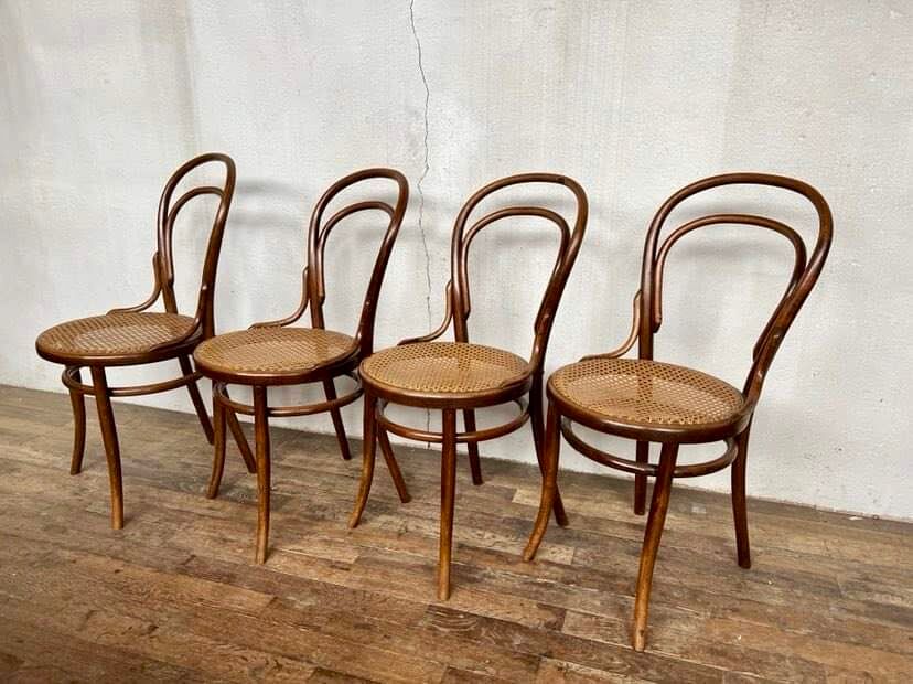 set of 4 bistro chairs in curved wood from the 1920s 1930s Canned seat