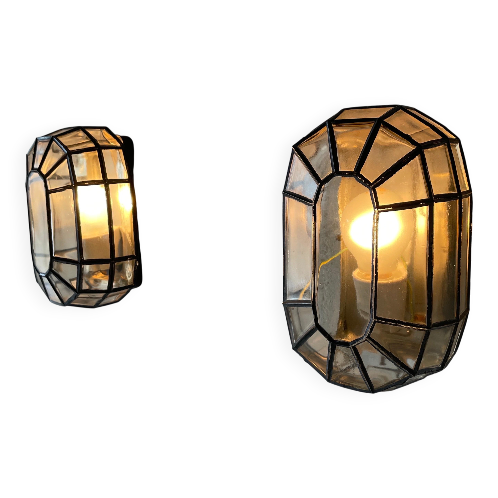 Pair of black iron wall sconces with structured glass by Limburg, 1960s, Germany.