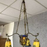 After Muller: Art Nouveau bronze and glass paste chandelier