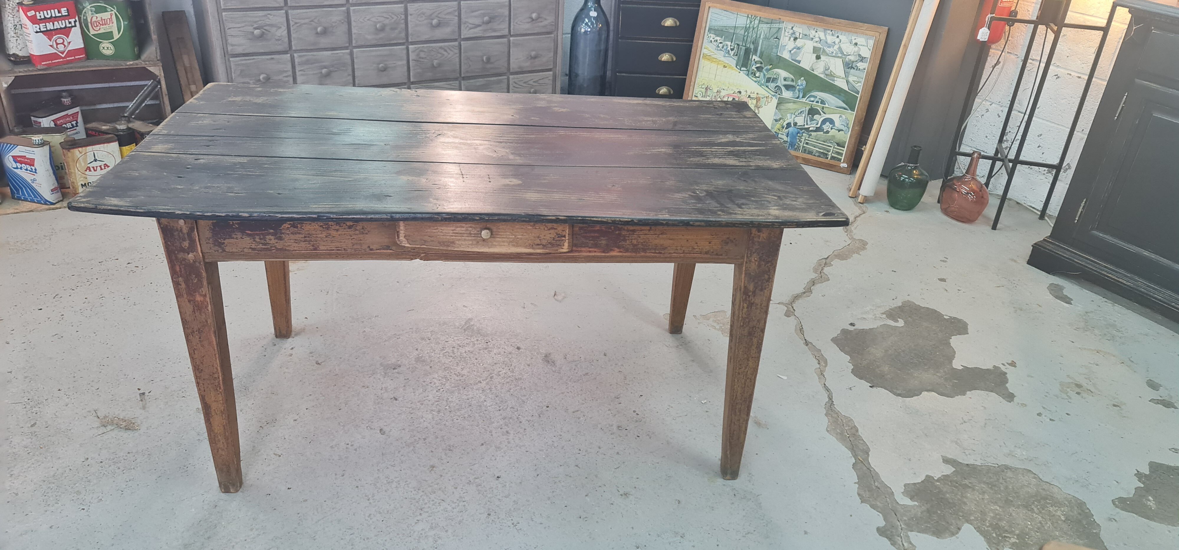 Old wooden table a drawer tray patina black waxed