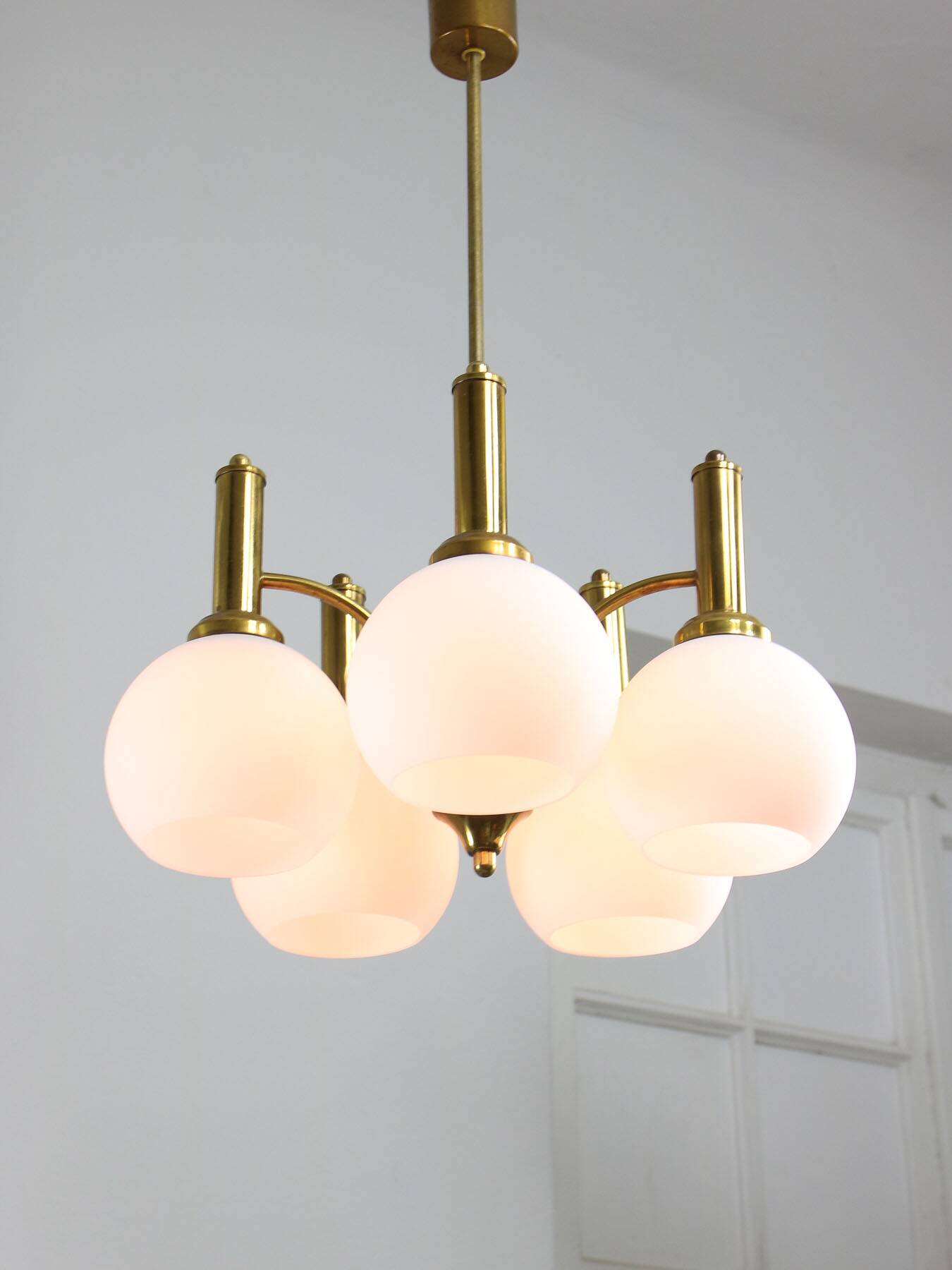 Mid-century Italian Brass and Opaline Chandelier