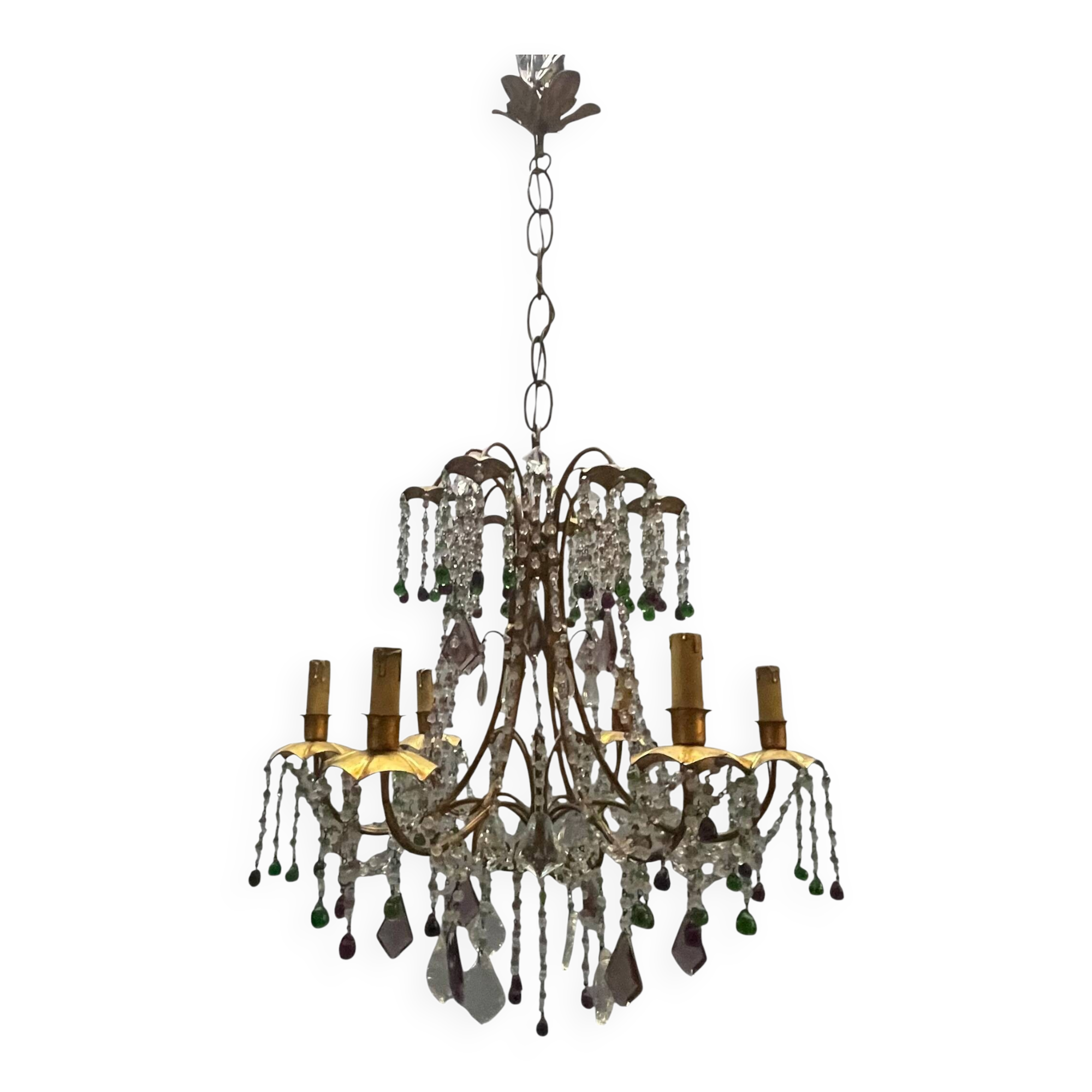 Chandelier en verre de Murano perlé doré en tole florentine italienne des années 1950 à 6 lumières