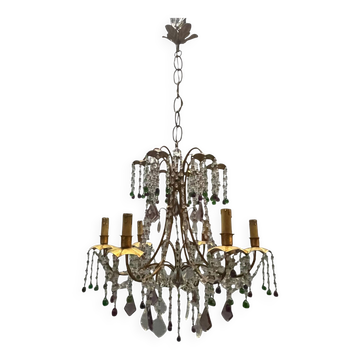 1950s Italian Florentine Tole Gilt Murano Glass Beaded 6 Light Chandel