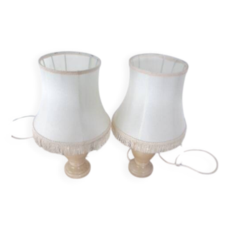 Paire de lampes de chevet vintage – imitation marbre – abat-jour frangé