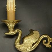 Pair of Empire style wall sconces with swans by Petitot - bronze & green patina