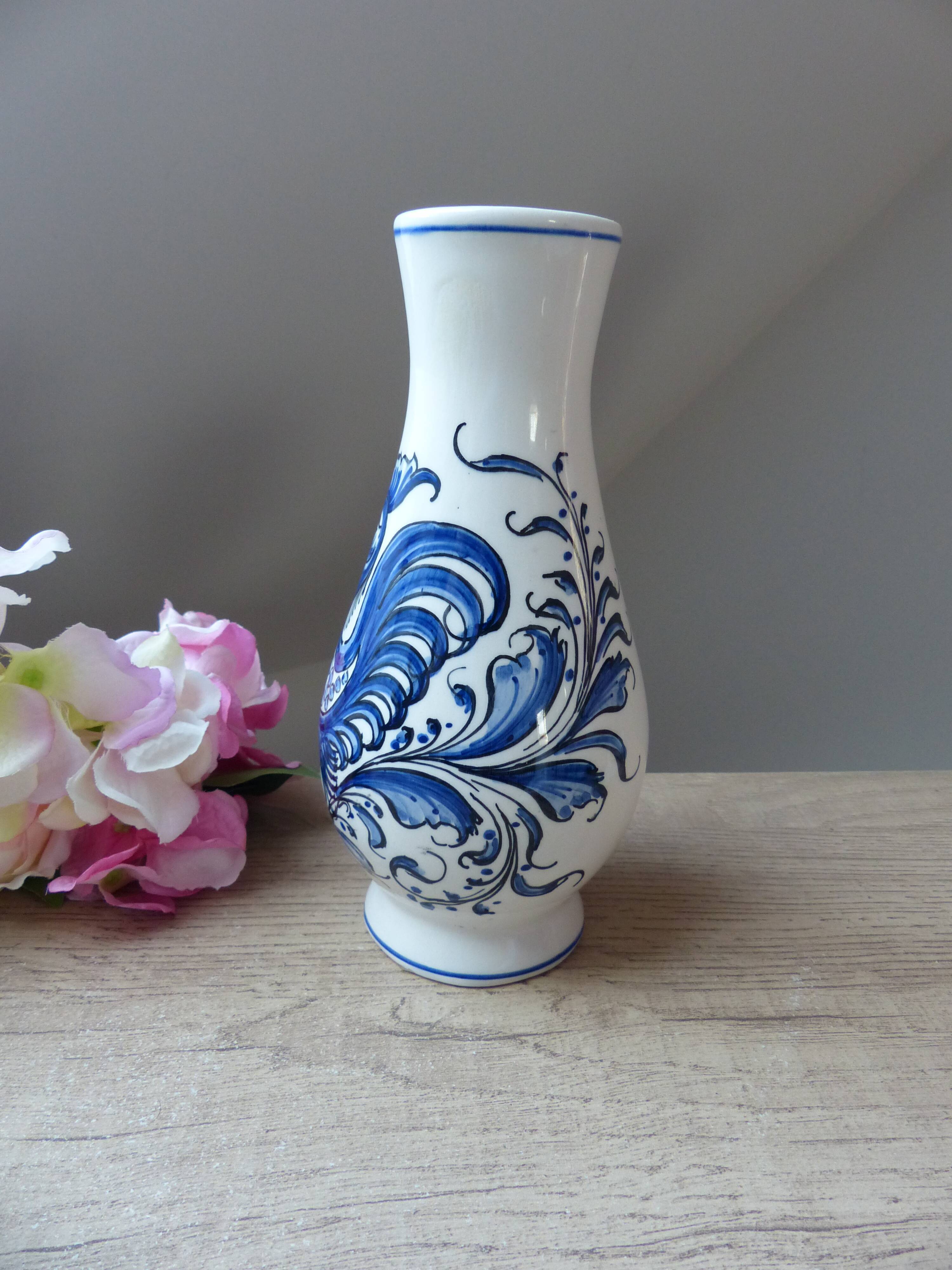 Ceramic Vase Bird Blue Hand-Painted Portugal