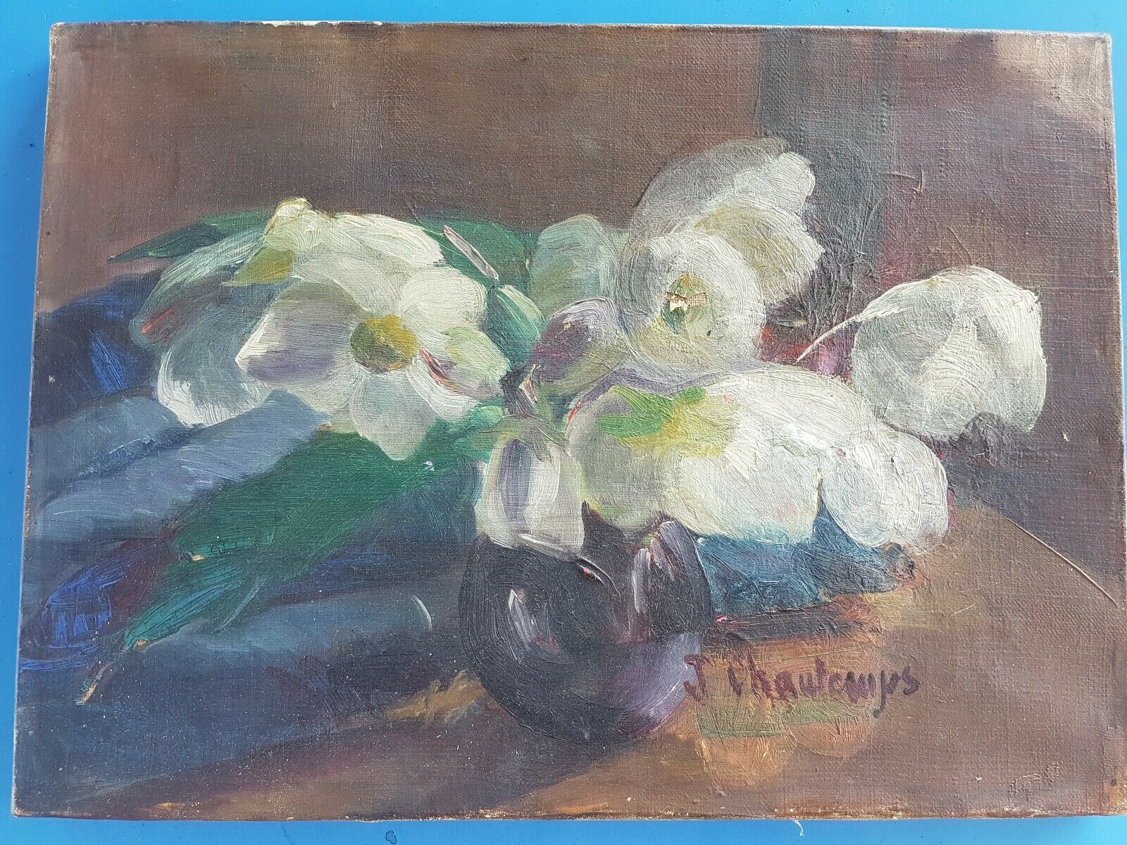 Oil on canvas still life bouquet of artist's signature flowers