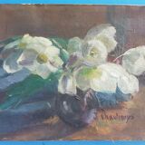 Oil on canvas still life bouquet of artist's signature flowers