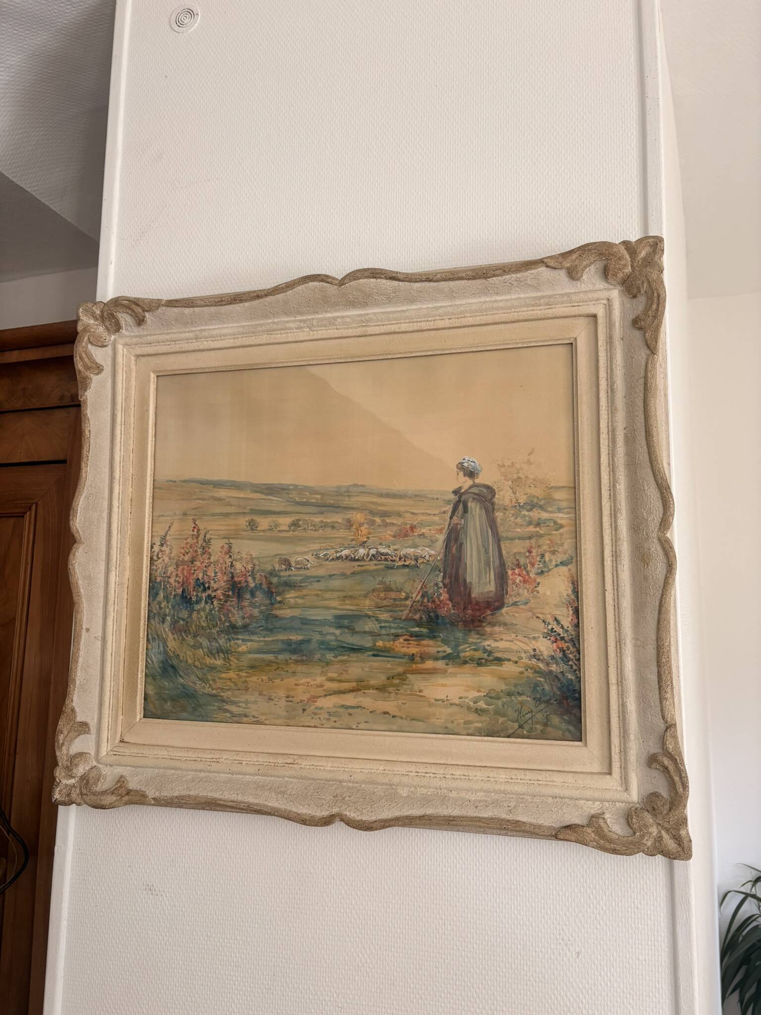 Old Watercolour Painting Shepherdess with Sheep Landscape Henry Charles