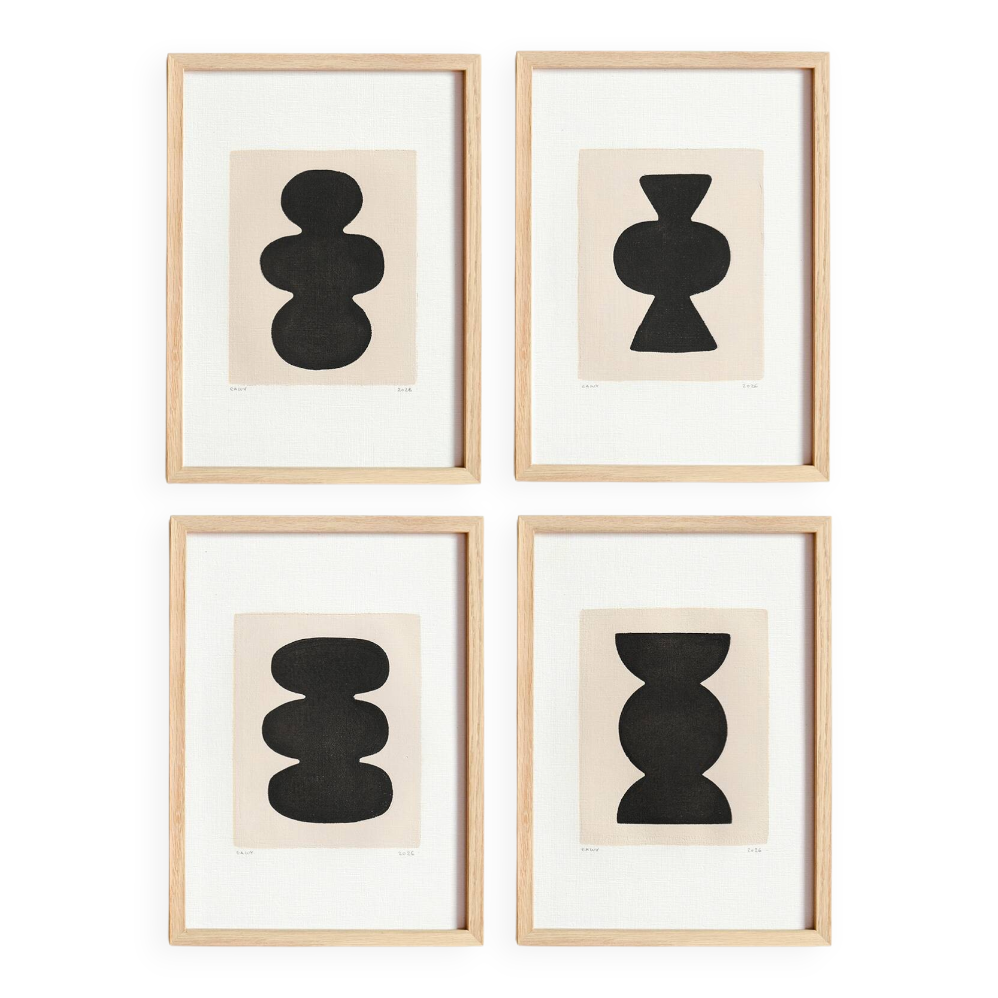 Collection of 4 black abstract paintings signed Eawy.