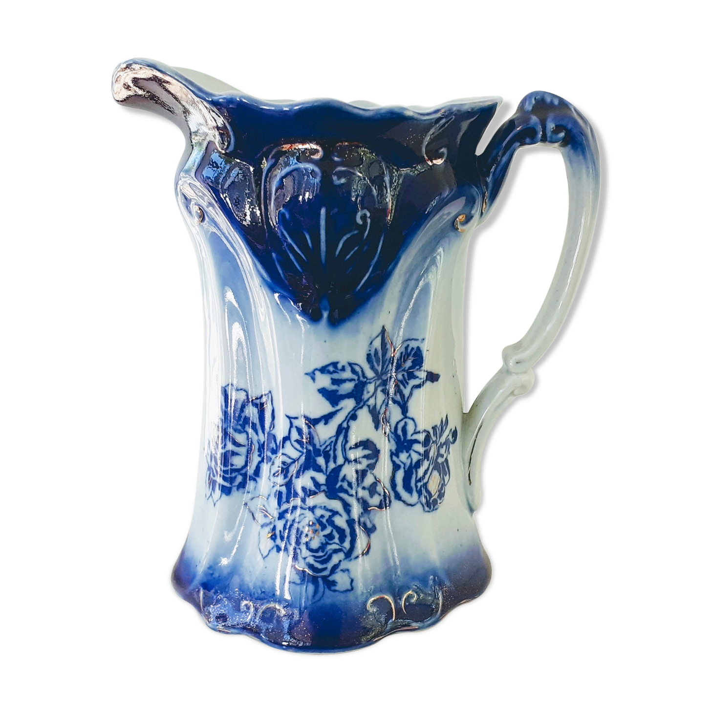 Old pitcher in blue flow, T.Rathbone, England circa 1910
