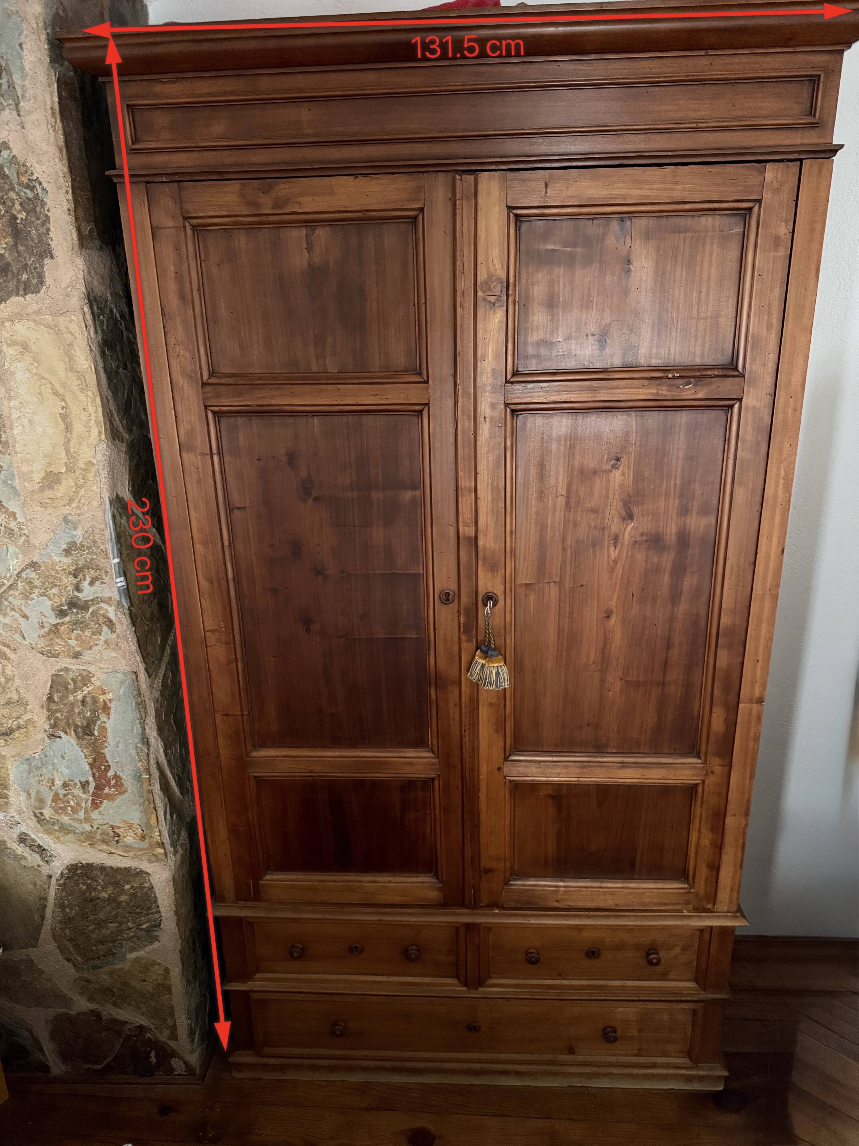 Antique solid wood wardrobe, rustic, with drawers and original key.