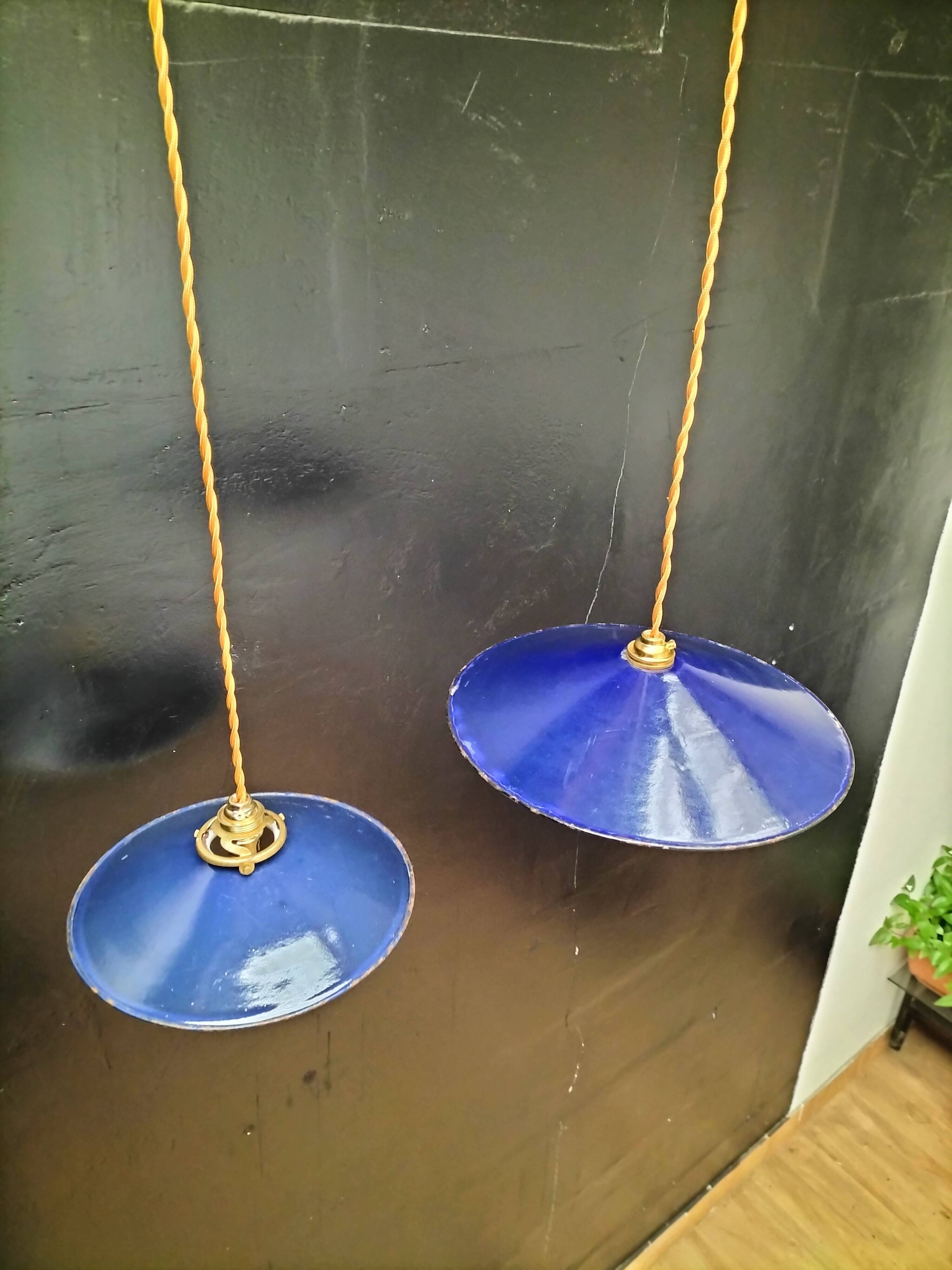 Blue enameled sheet metal pendant lights