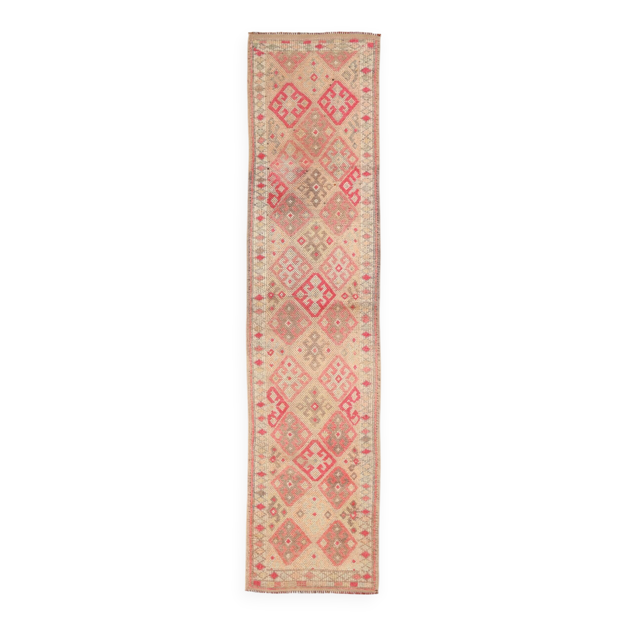2x10 Red Pink Geometric Vintage Runner Rug,  75x315Cm