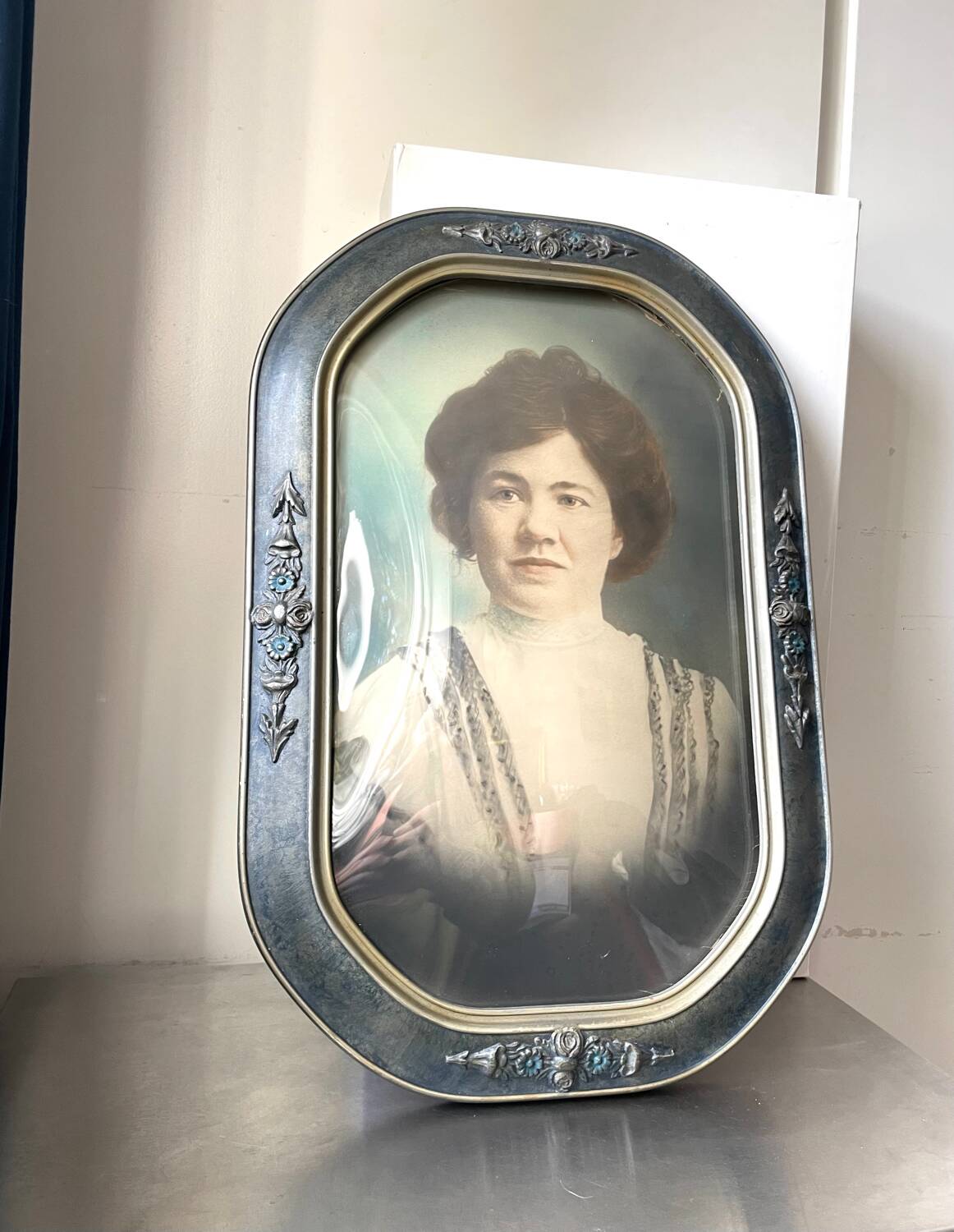 Giant antique  v silver & blue colored picture frame  hand painted black & white  antique photo portait of a lady   with convex   bubble glass   frame  53 cm x 35 cm