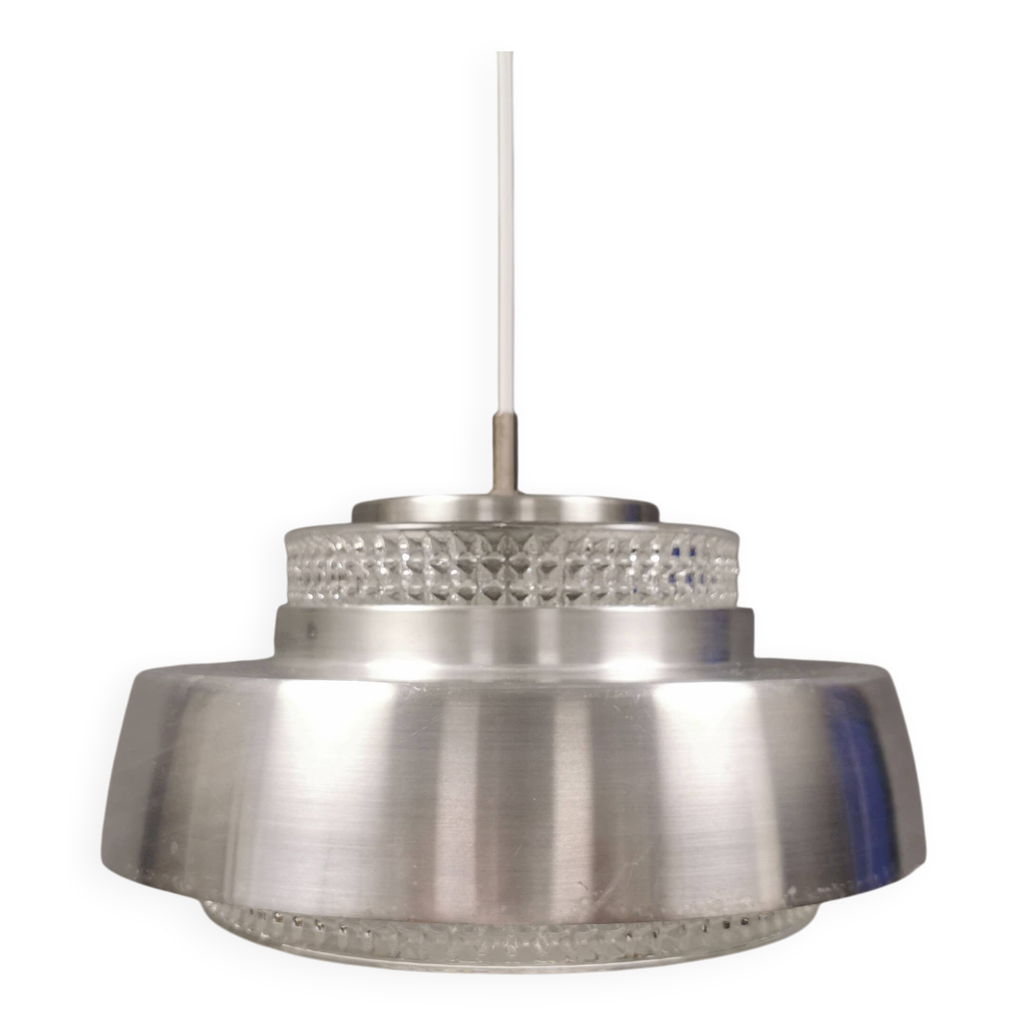 Hanging lamp in aluminium and hard pressed crystal glass. Denmark 1980s