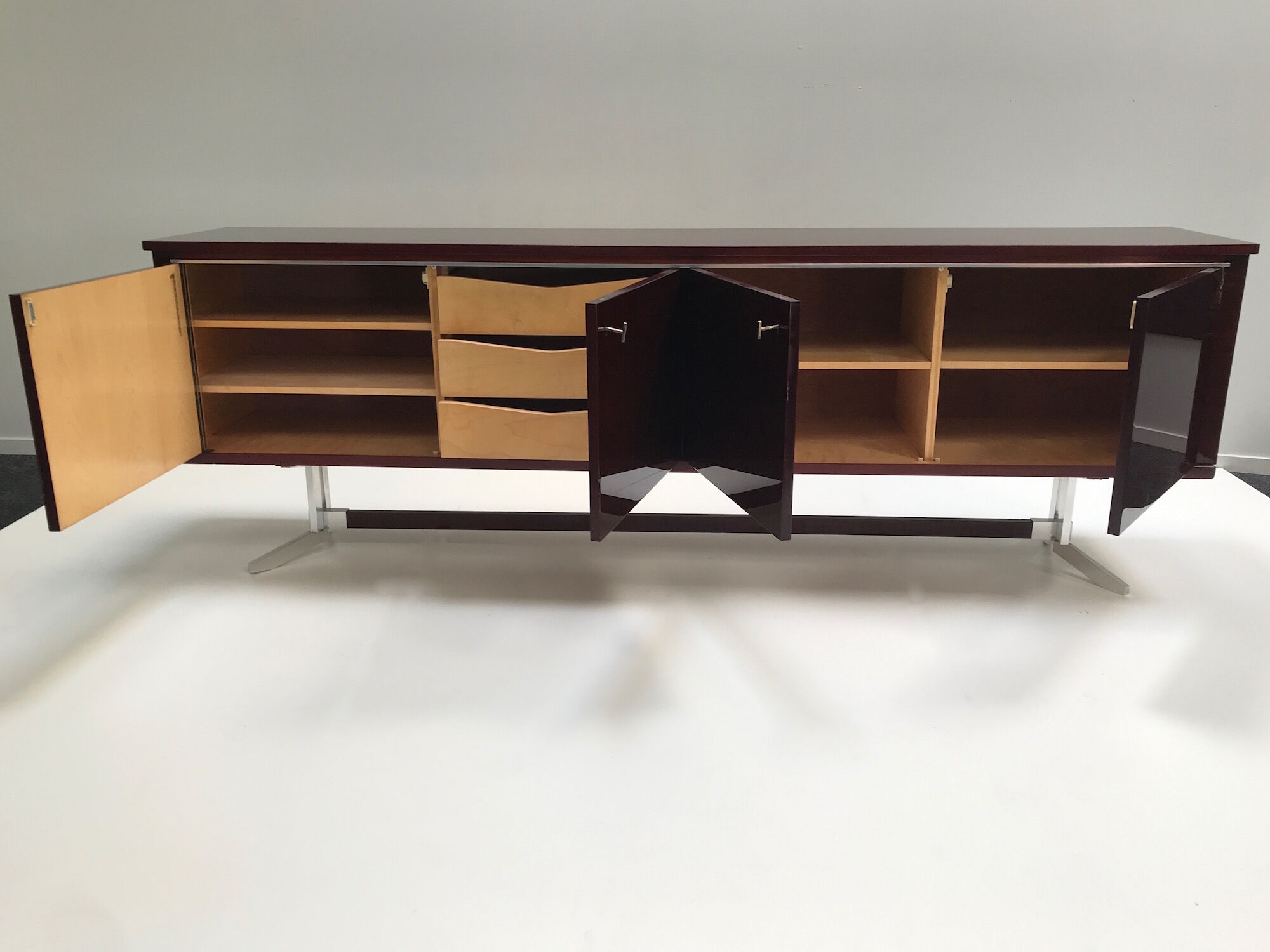 Belgian modernist long mahogany sideboard 1970s