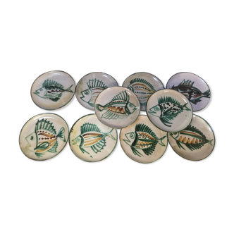 Série de 10 assiettes plates Robert Picault, années 60, Série Poissons