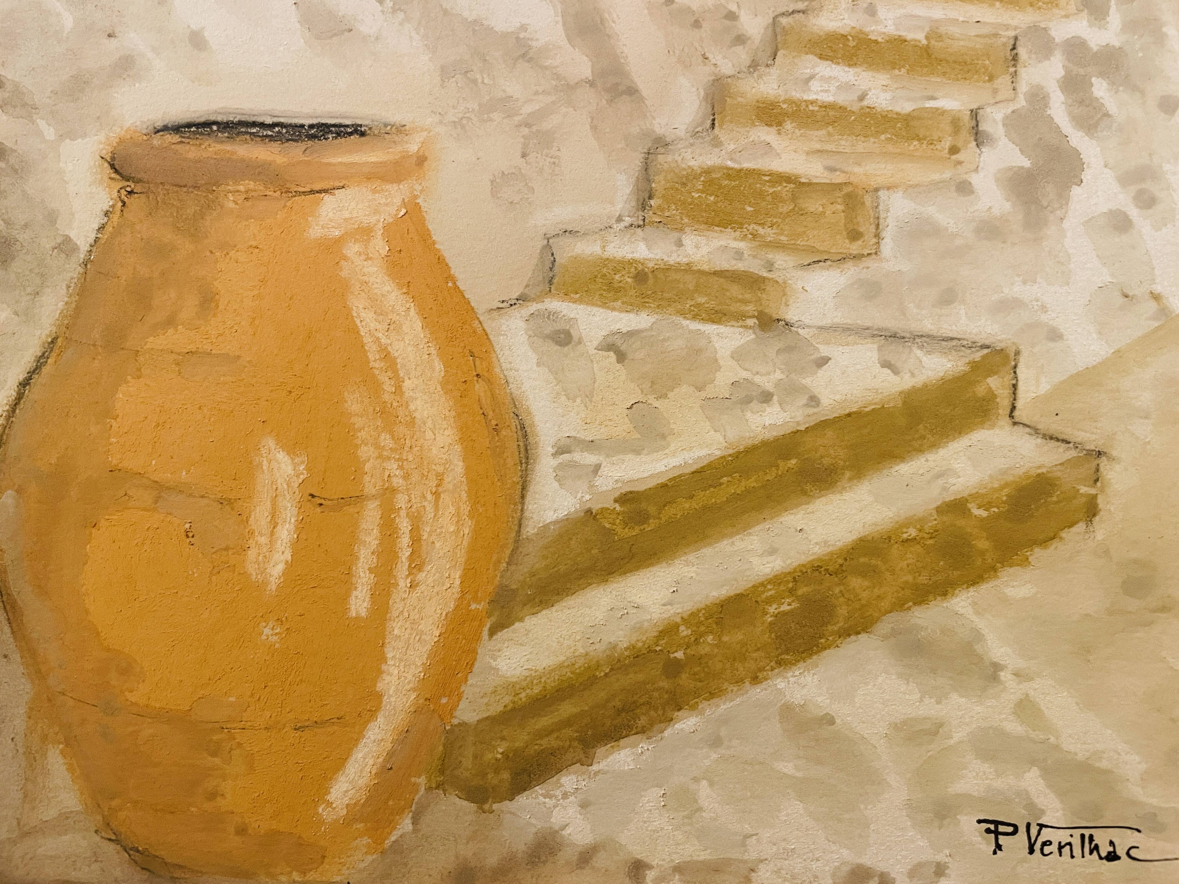 Signed pastel and watercolor painting of a Provençal landscape "the staircase"