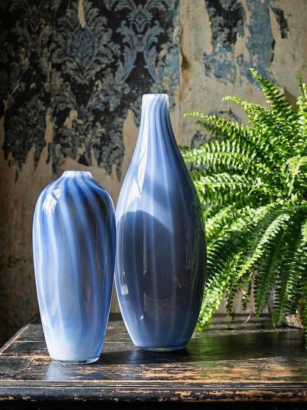 Pair of vintage smoky glass vases lined with opaline, Murano bubble glass.