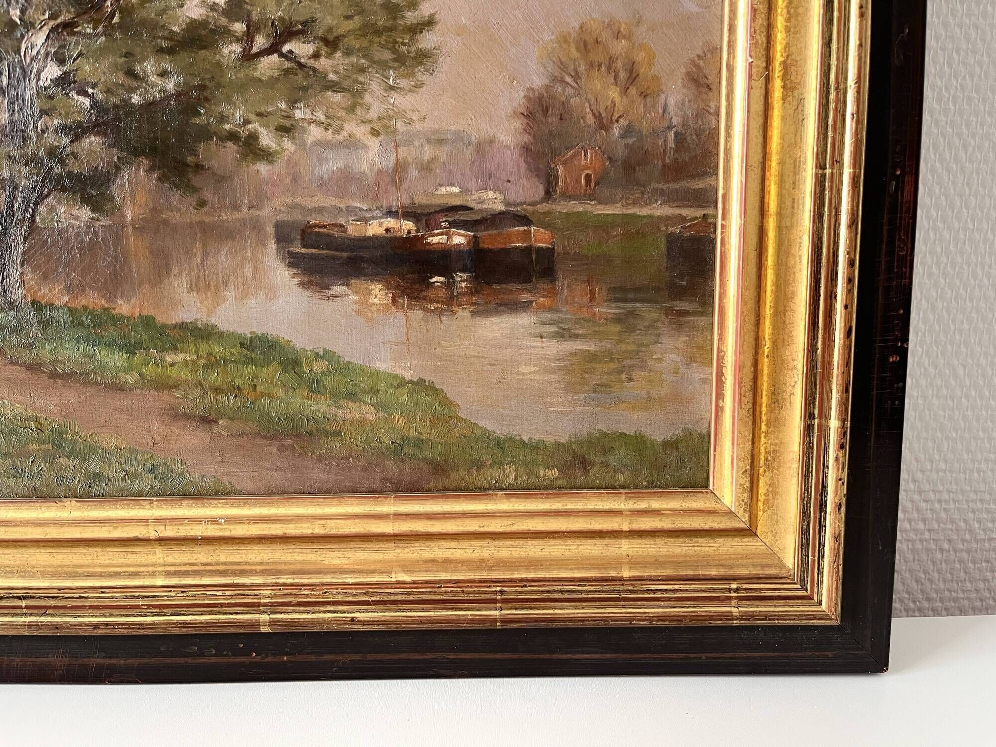Authentic oil on canvas of a landscape with barges, view of the Seine.