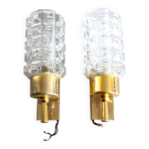 Pair of vintage wall sconces in gilded brass with moulded glass.