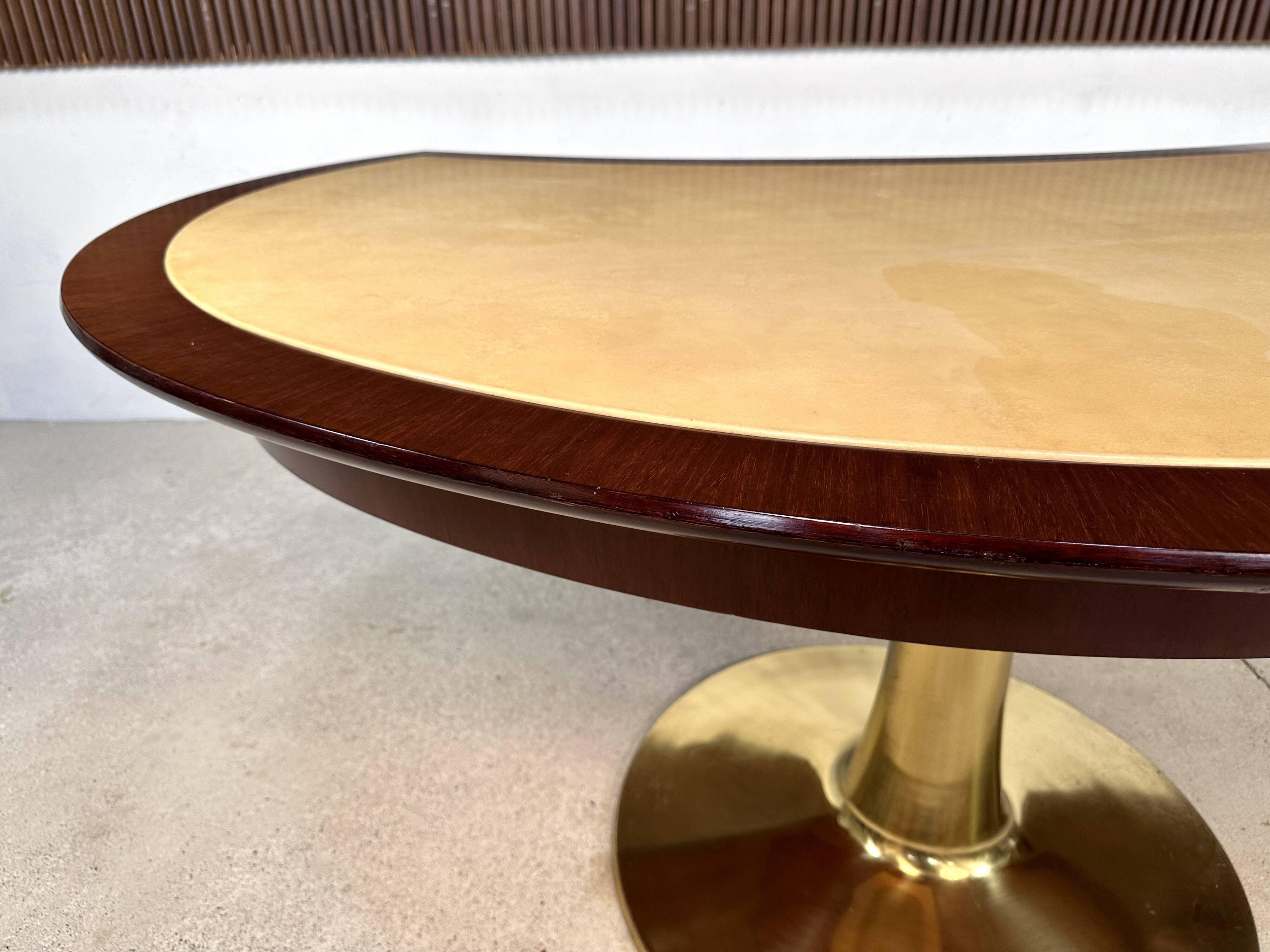 Large Italian Single Column Crescent-Shaped Desk in Goat Skin & Brass 1950s