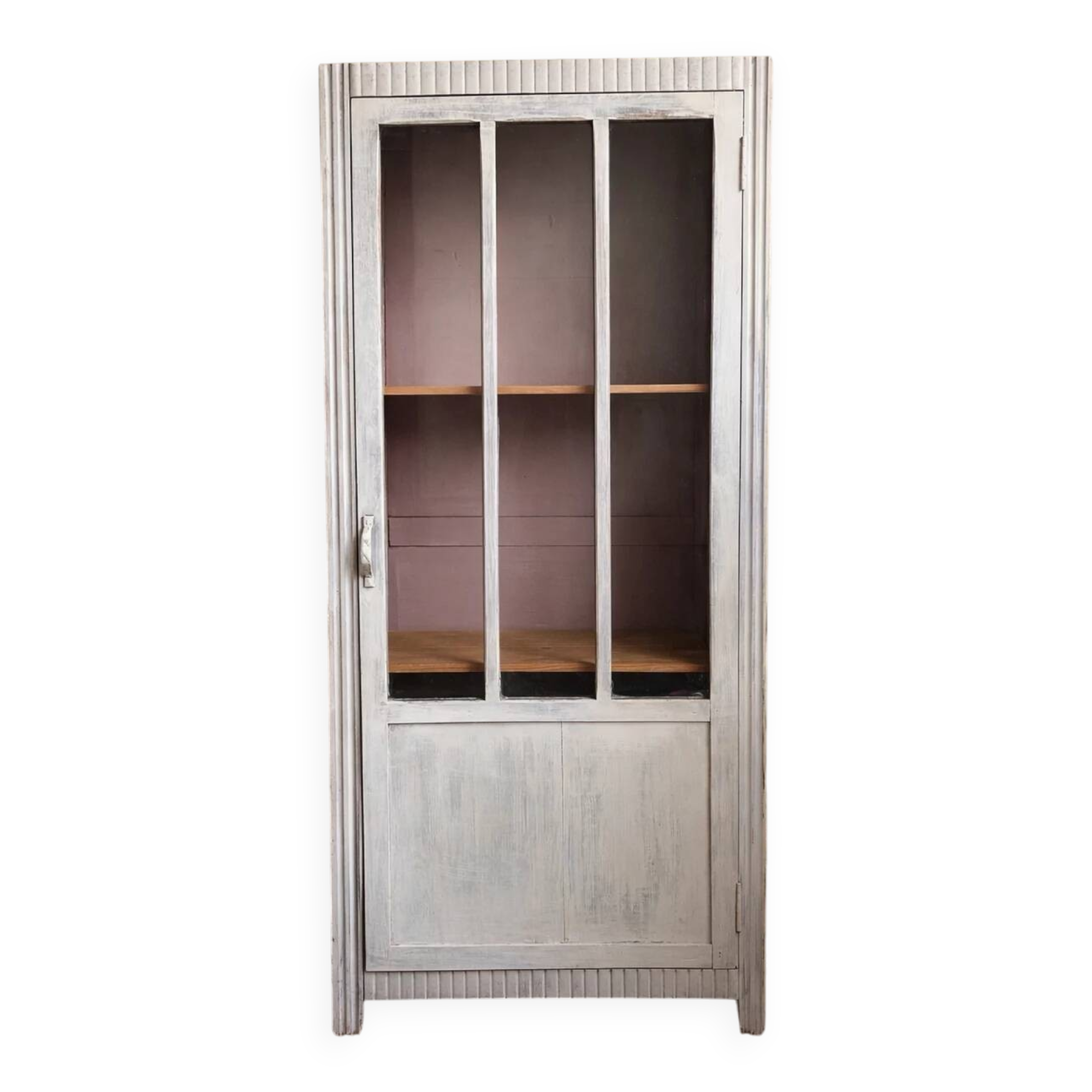 Small Parisian Art Deco glass cabinet with white patina - a timeless classic.