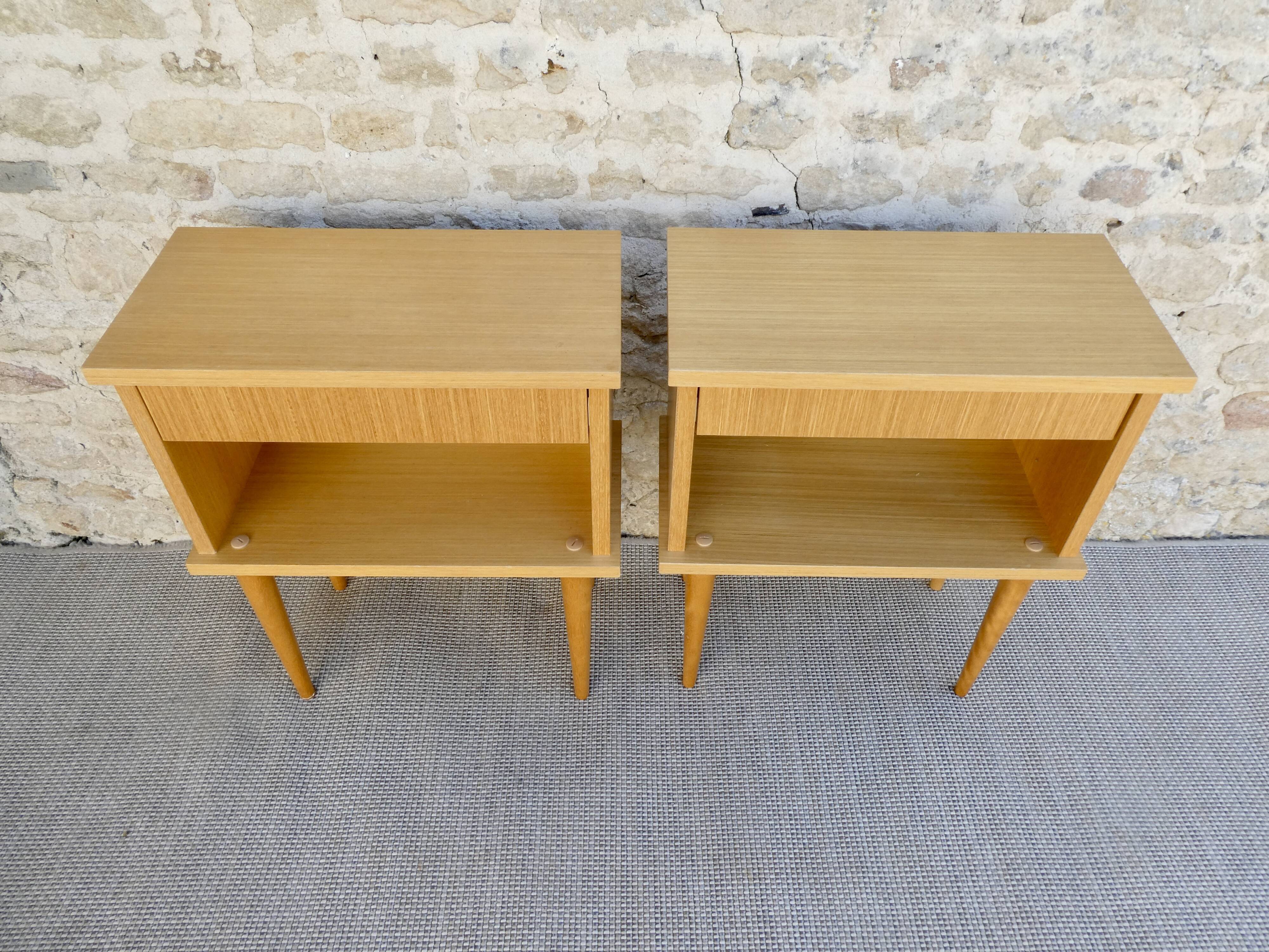 Pair of light wood bedside tables, 60s