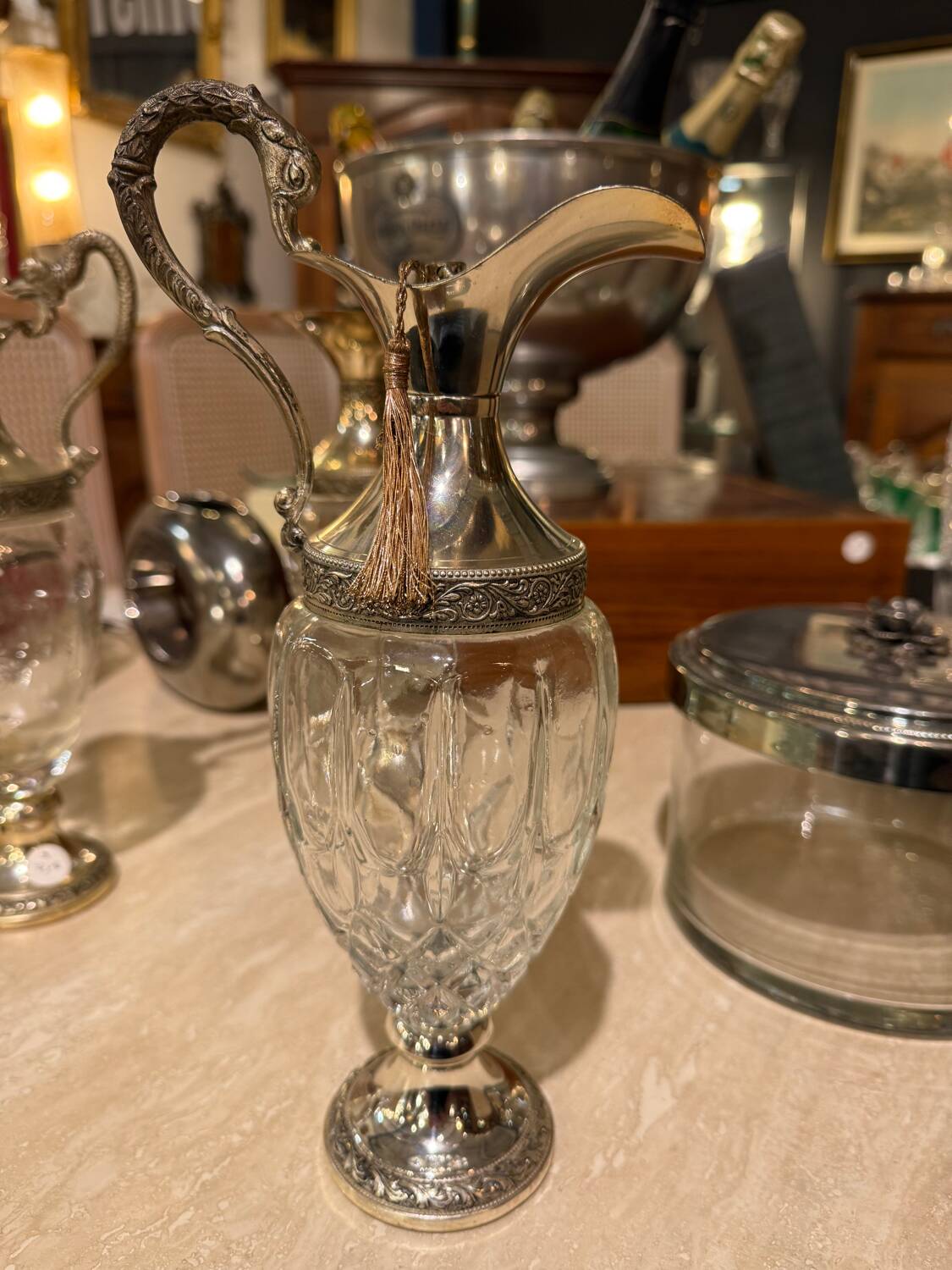 Silver-plated metal and crystal carafe