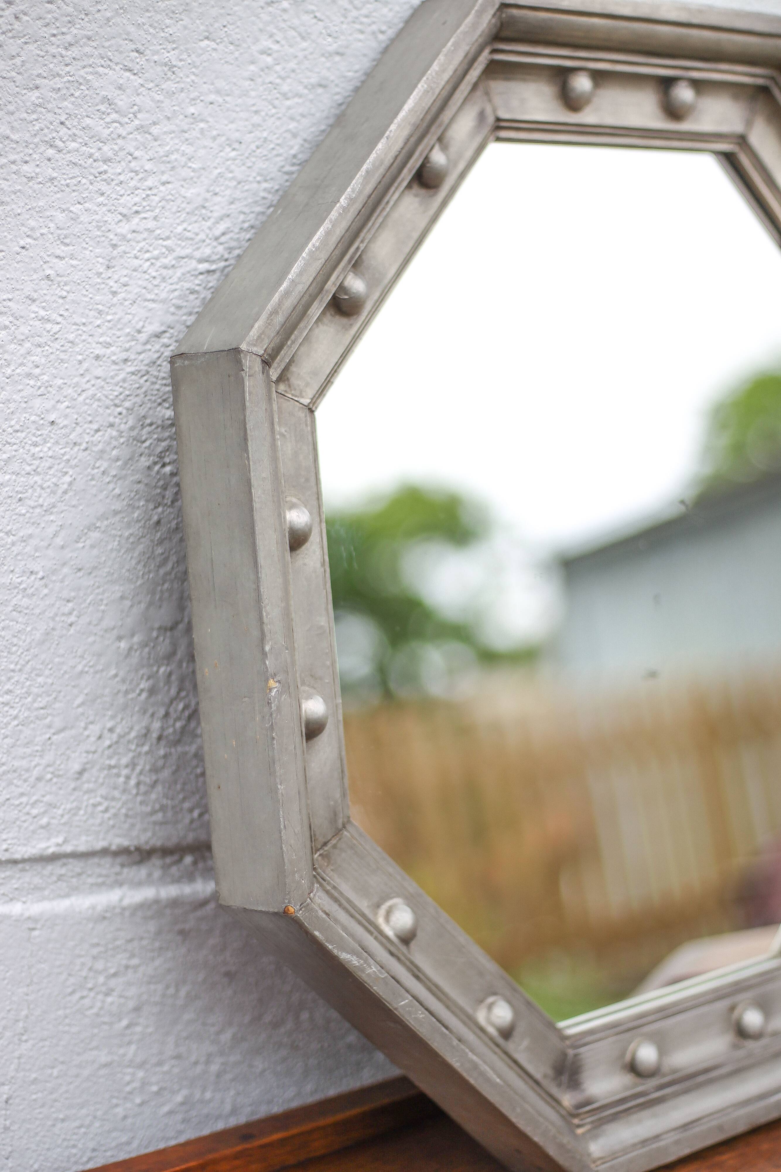 Vintage mirror, wooden mirror covered with tin, tin mirror from the 60s