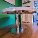 Ligne Roset table in glossy white lacquer, chrome legs, 2 extensions.