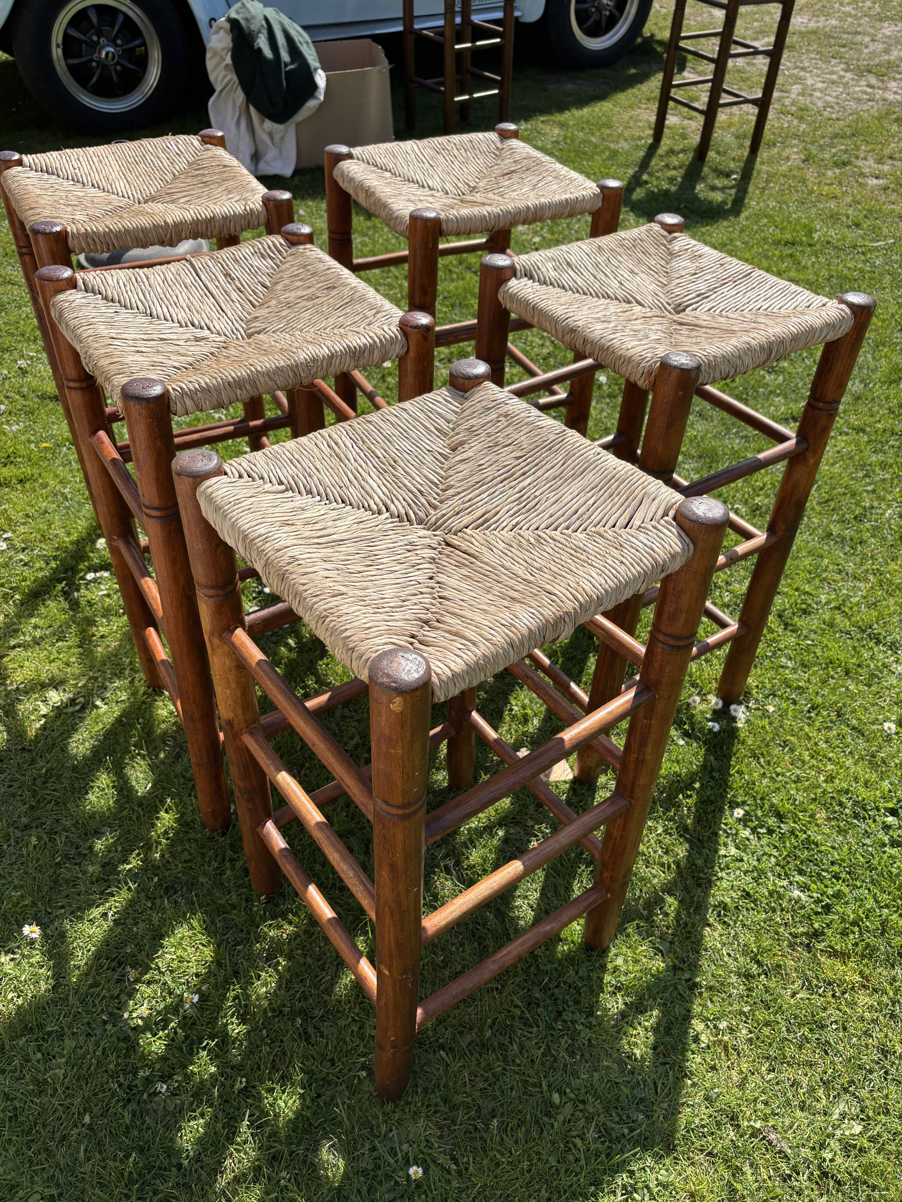 5 Charlotte Perriand-style wooden and straw bar stools