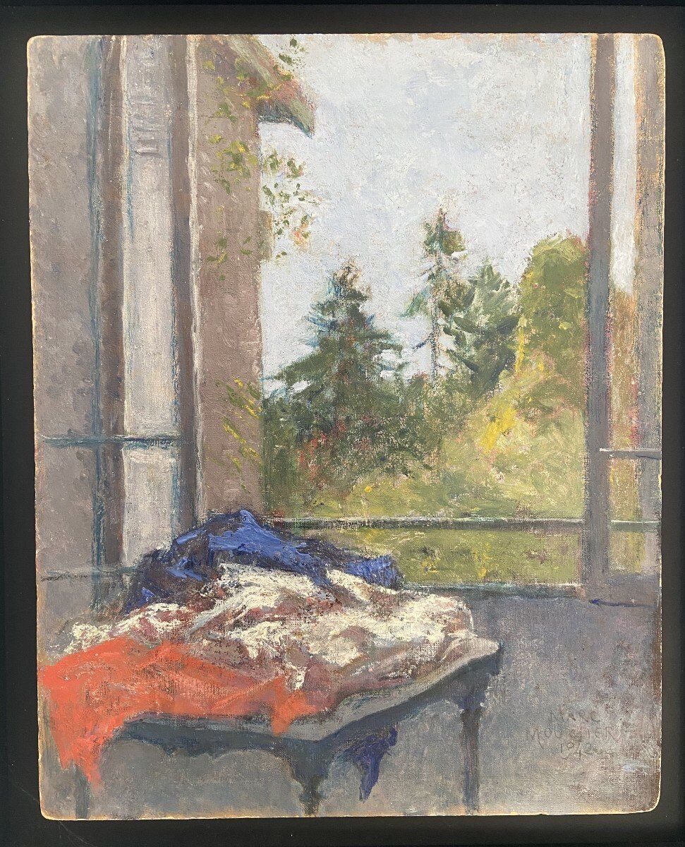 Marc Mouclier (1866-1947) The Flag at the Window, 1942 Oil on Panel Signed and Dated