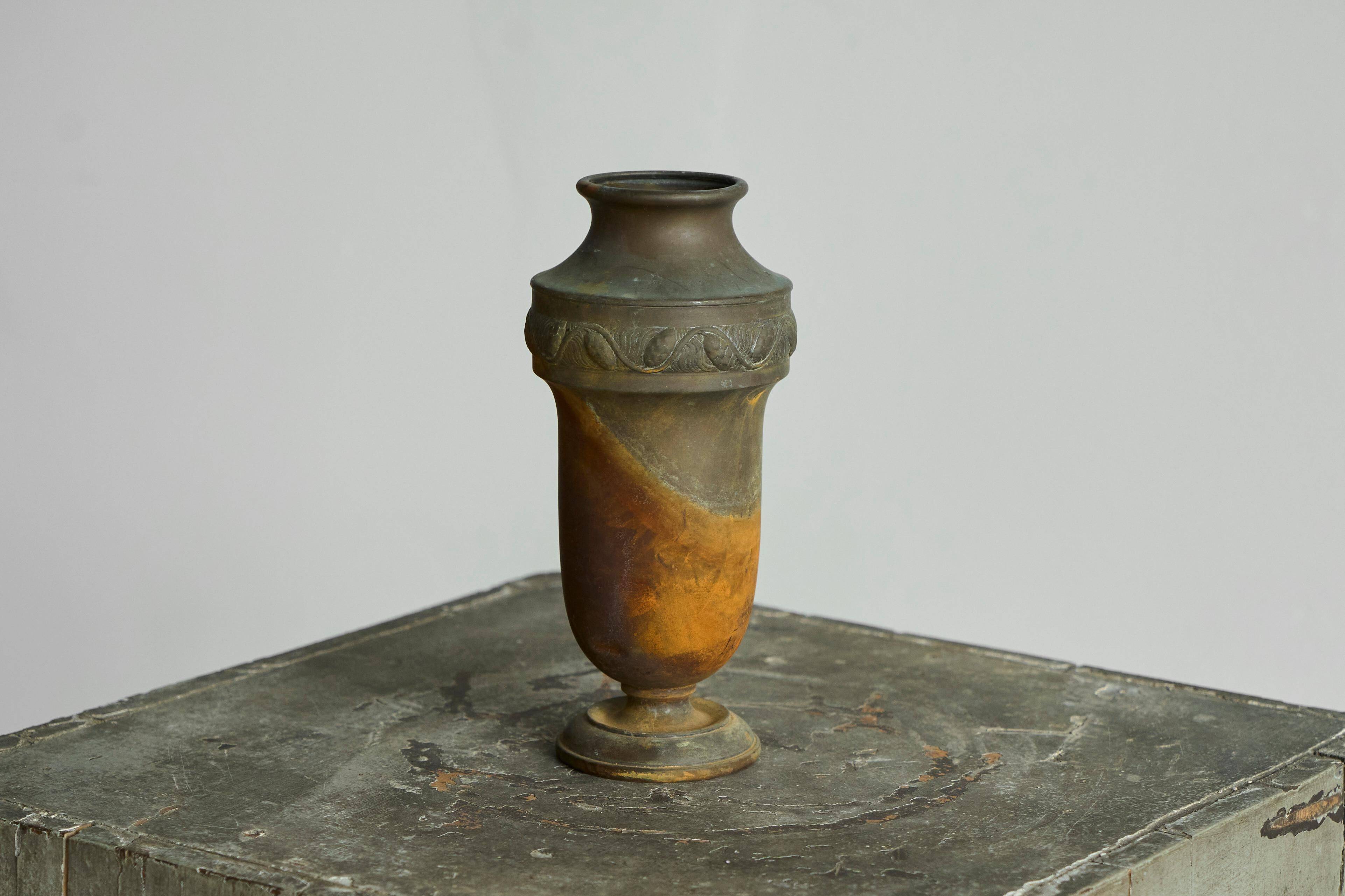 Art Deco vase in patinated metal, unique Wabi-Sabi piece.