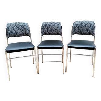 3 chrome chairs, imitation leather, fabric, vintage 70s