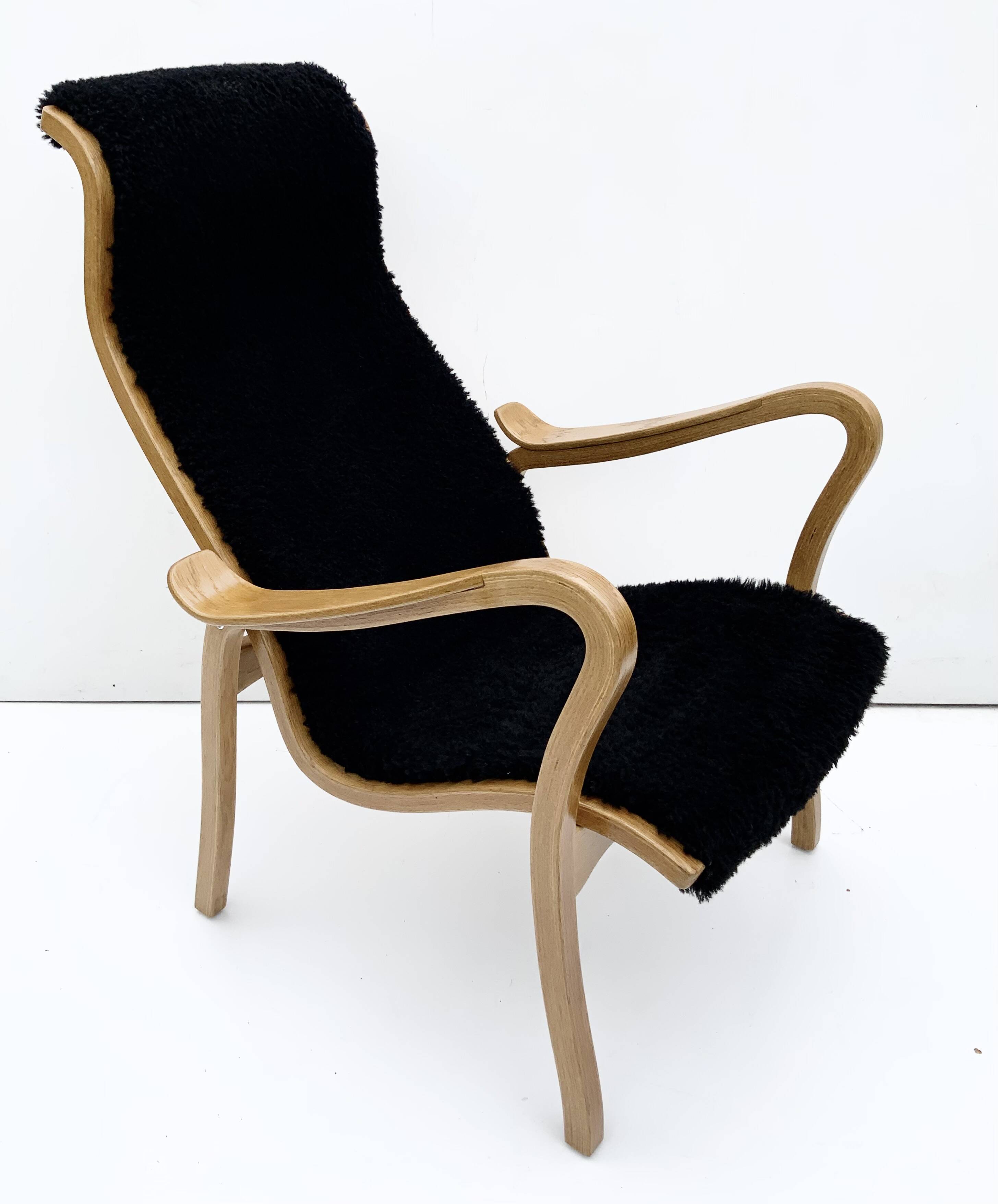 Vintage G.A. Berg “Torparen” Armchair, Oak, Black Sheepskin, Ottoman, 1960s