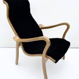 Vintage G.A. Berg “Torparen” Armchair, Oak, Black Sheepskin, Ottoman, 1960s