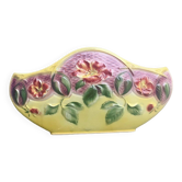 Yellow glazed ceramic slip planter, hawthorn pink flower pattern, art deco