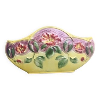 Yellow glazed ceramic slip planter, hawthorn pink flower pattern, art deco