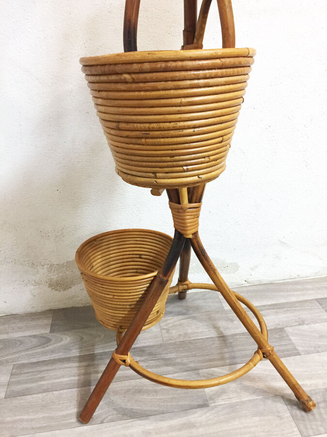 Porte plantes vintage rotin 1970
