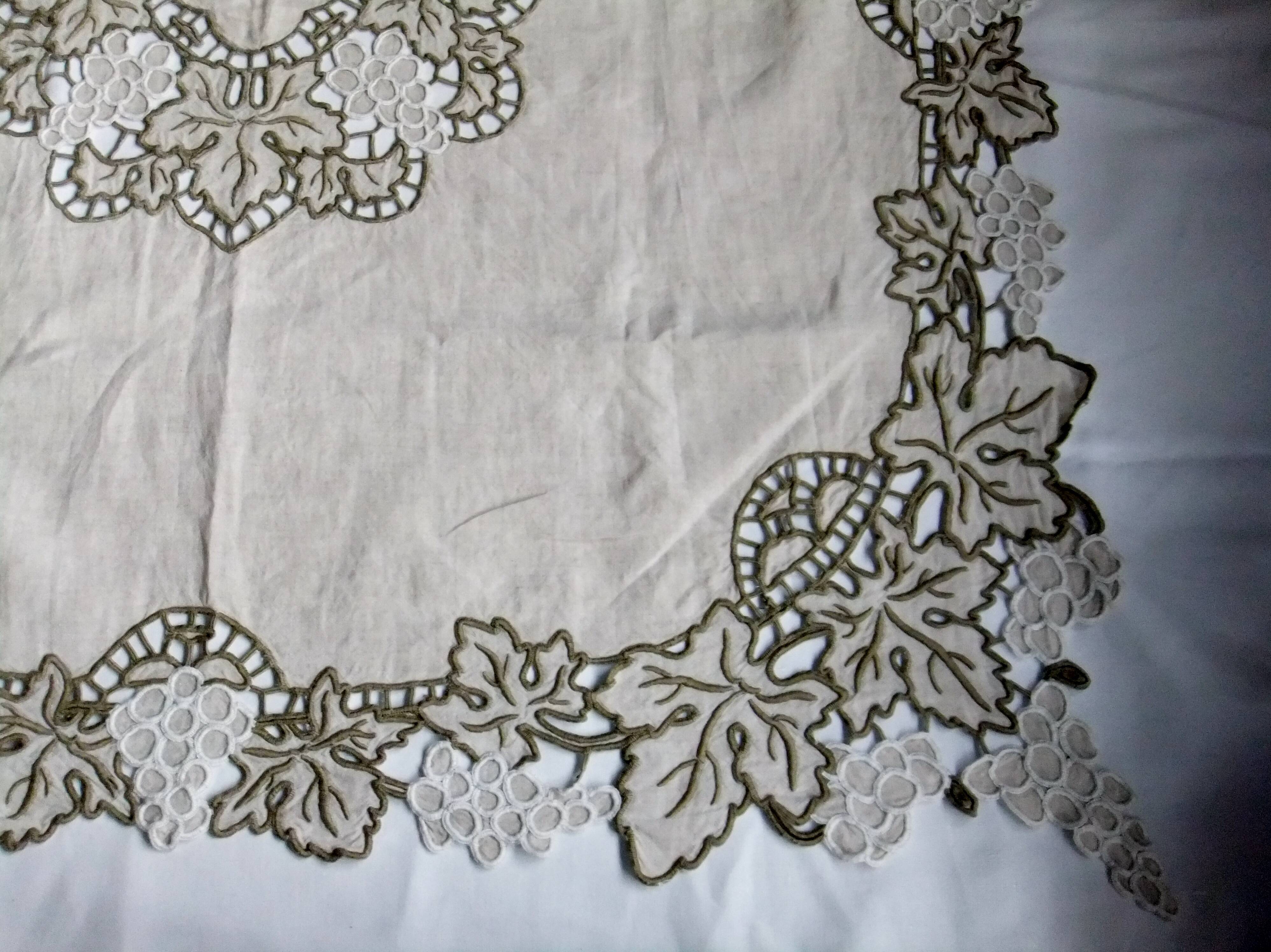 Antique linen tablecloth embroidery Richelieu scalloped linen centerpiece 128 cm