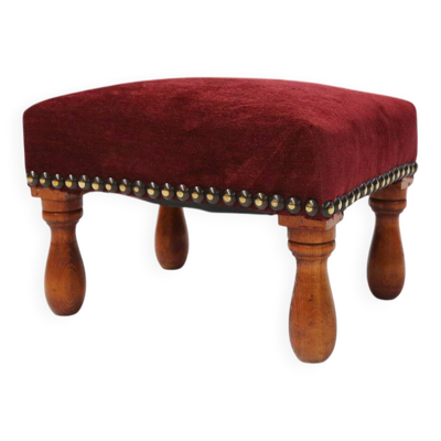 Tabouret Art Déco Vintage en velours rouge avec pieds en bois, années 1930